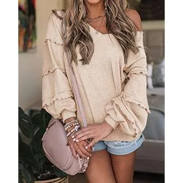 BTFBM Women’s V Neck Long Sleeve Blouse Loose Fit Tunics Ruffles Off Shoulder Waffle Knit Solid Co...
