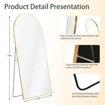 ZHUNFA Arched Full Length Mirror, 79x39 Oversized Floor Mirror with Stand, Gold Mirror Full Length, Aluminum Full Body Dressing Mirror with Arched-Top, Leaning for Living Room, Bedroom