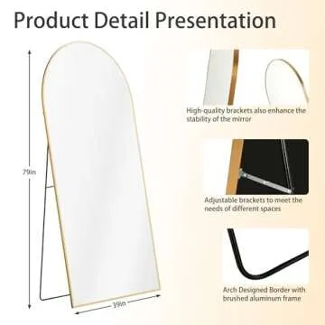 ZHUNFA Arched Full Length Mirror, 79x39 Oversized Floor Mirror with Stand, Gold Mirror Full Length, Aluminum Full Body Dressing Mirror with Arched-Top, Leaning for Living Room, Bedroom