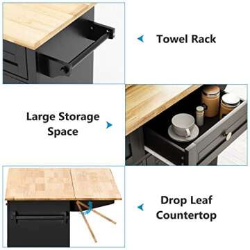 Rolling Kitchen Island with Drop Leaf – Movable Kitchen Carts on Wheels Island with Storage Cabinet, Island Table for Kitchen with Rubber Wood Top and Rack and Drawer, Matte, Black