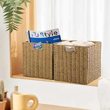 Vagusicc Wicker Storage Basket, Set of 2 Hand-Woven Wicker Basket, 11 inch Storage Baskets for Organizing and Decor, Foldable Cube Storage Organizer Bins Baskets for Shelves, Woven Basket, Natural