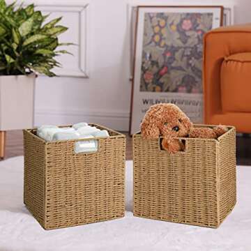 Vagusicc Wicker Storage Basket, Set of 2 Hand-Woven Wicker Basket, 11 inch Storage Baskets for Organizing and Decor, Foldable Cube Storage Organizer Bins Baskets for Shelves, Woven Basket, Natural