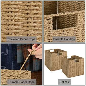 Vagusicc Wicker Storage Basket, Set of 2 Hand-Woven Wicker Basket, 11 inch Storage Baskets for Organizing and Decor, Foldable Cube Storage Organizer Bins Baskets for Shelves, Woven Basket, Natural