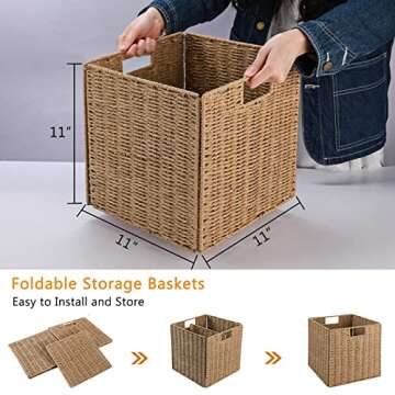 Vagusicc Wicker Storage Basket, Set of 2 Hand-Woven Wicker Basket, 11 inch Storage Baskets for Organizing and Decor, Foldable Cube Storage Organizer Bins Baskets for Shelves, Woven Basket, Natural