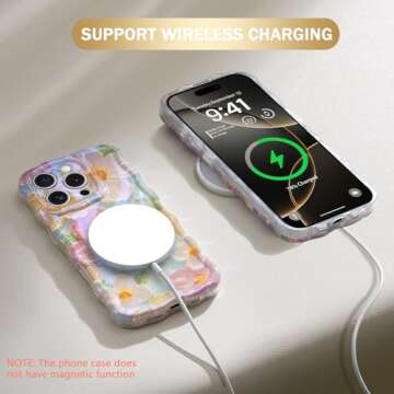 sheheme for iPhone 16 Pro Case [with 9H Screen Protectors] Wave Bumper Colorful Oil Painting Flowers Print Blue Glossy Soft TPU Phone Case Cover for Girls Women,Green Daisy