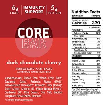 CORE Organic Refrigerated Plant-Based Protein Bars – Low Sugar, High Fiber Bars with Probiotics – Pack of 16, Dark Chocolate Cherry + Coconut Chocolate Chip