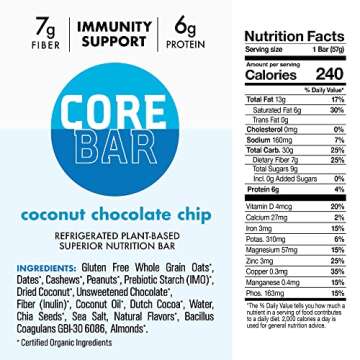 CORE Organic Refrigerated Plant-Based Protein Bars – Low Sugar, High Fiber Bars with Probiotics – Pack of 16, Dark Chocolate Cherry + Coconut Chocolate Chip
