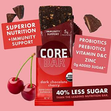CORE Organic Refrigerated Plant-Based Protein Bars – Low Sugar, High Fiber Bars with Probiotics – Pack of 16, Dark Chocolate Cherry + Coconut Chocolate Chip