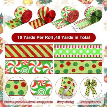 Riceshoot 4 Roll 40 Yards Christmas Green Red Ribbon Wired 1.97 Inch Christmas Glitter Stripe Ribbon Wide Green Red Wired Edge Xmas Polka Dot Ribbon for Holiday Wreath Bow Christmas Tree DIY Craft