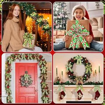 Riceshoot 4 Roll 40 Yards Christmas Green Red Ribbon Wired 1.97 Inch Christmas Glitter Stripe Ribbon Wide Green Red Wired Edge Xmas Polka Dot Ribbon for Holiday Wreath Bow Christmas Tree DIY Craft