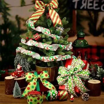 Riceshoot 4 Roll 40 Yards Christmas Green Red Ribbon Wired 1.97 Inch Christmas Glitter Stripe Ribbon Wide Green Red Wired Edge Xmas Polka Dot Ribbon for Holiday Wreath Bow Christmas Tree DIY Craft