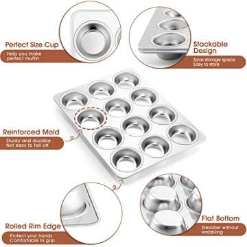 P&P CHEF Muffin Pan Cupcake Baking Pan Set of 2, 12 Cups Muffin Tin Tray, Stainless Steel Muffin Pans for Baking Mini Cake Muffin Tart Quiche, Oven & Dishwasher Safe, Non-toxic & Heavy-duty
