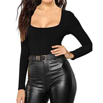 MANGDIUP Women's Essential Bodysuit - Scoop Neck Long Sleeve Slim Fit Stretch Cotton Spandex Jumpsuit(Black-S)