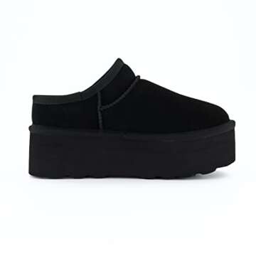 CUSHIONAIRE Women's Huggy Genuine Suede Cozy Mule Platform +Memory Foam, Wide Widths Available, Black 7.5 W