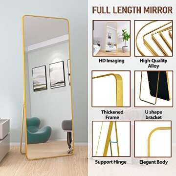 Beauty4U 65" x 22" Rounded Frame Full Length Mirror with Stand, Gold Wall Mounting Full Body Mirror, Metal Frame Full-Length Mirror for Living Room, Bedroom