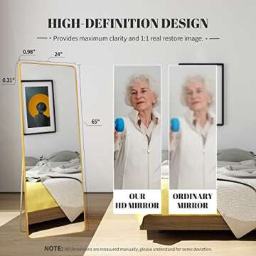 Beauty4U 65" x 22" Rounded Frame Full Length Mirror with Stand, Gold Wall Mounting Full Body Mirror, Metal Frame Full-Length Mirror for Living Room, Bedroom