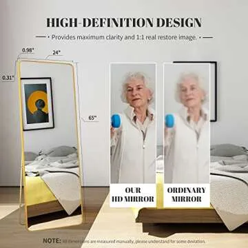 Beauty4U 65" x 22" Rounded Frame Full Length Mirror with Stand, Gold Wall Mounting Full Body Mirror, Metal Frame Full-Length Mirror for Living Room, Bedroom