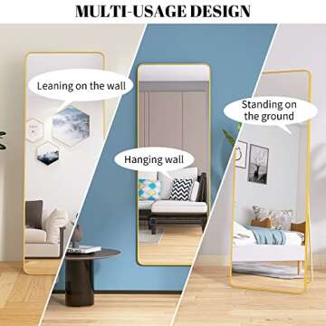 Beauty4U 65" x 22" Rounded Frame Full Length Mirror with Stand, Gold Wall Mounting Full Body Mirror, Metal Frame Full-Length Mirror for Living Room, Bedroom