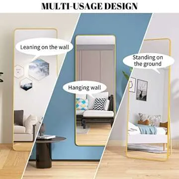 Beauty4U 65" x 22" Rounded Frame Full Length Mirror with Stand, Gold Wall Mounting Full Body Mirror, Metal Frame Full-Length Mirror for Living Room, Bedroom