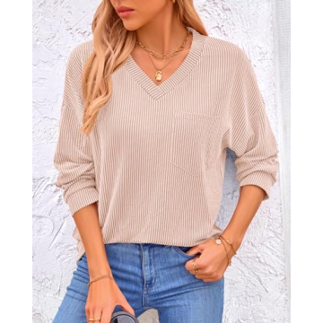 KIRUNDO Women's Ribbed Knit V Neck Top - Casual Comfort