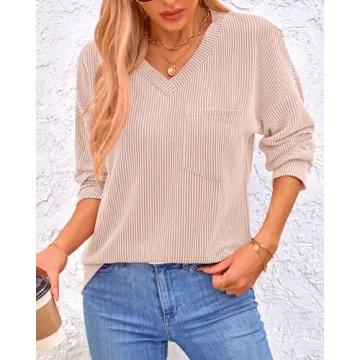 KIRUNDO Women's Ribbed Knit V Neck Top - Casual Comfort