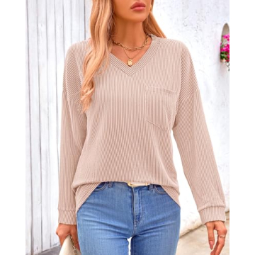 KIRUNDO Women's Ribbed Knit V Neck Top - Casual Comfort