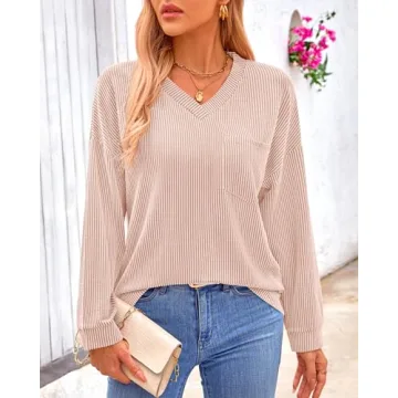 KIRUNDO Women's Ribbed Knit V Neck Top - Casual Comfort