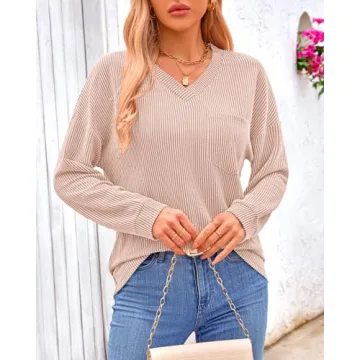 KIRUNDO Women's Ribbed Knit V Neck Top - Casual Comfort