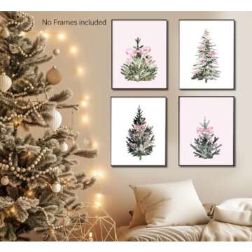 foedor Pink Wall Art,Bow Themed Party Decorations 8x10,Pink and White Room Decor,Tree Decor for Home Office,Coquette Wall Decor for Holiday Bathroom Bedroom, Set of 4
