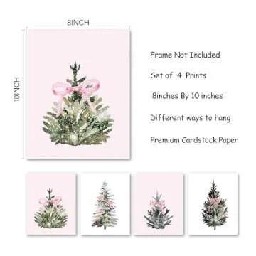 foedor Pink Wall Art,Bow Themed Party Decorations 8x10,Pink and White Room Decor,Tree Decor for Home Office,Coquette Wall Decor for Holiday Bathroom Bedroom, Set of 4