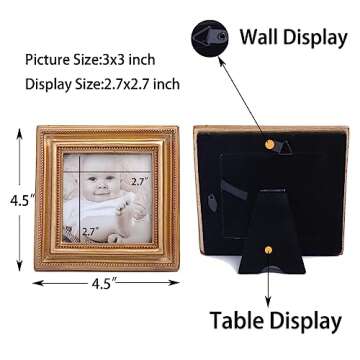 SIKOO Picture Frames 3x3 Square Vintage Frame Antique Picture Frames Wallet Size Picture Frames Set Tiny Ornate Frames Antique Gallery Wall Art,Tabletop and Wall Mount,Bronze Gold