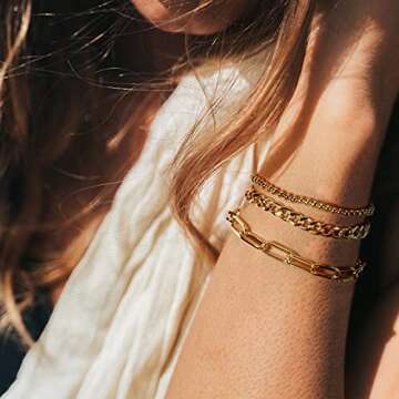 CONRAN KREMIX Gold Chain Bracelet Sets for Women 14K Gold Plated Dainty Link Paperclip Bracelets Sta...