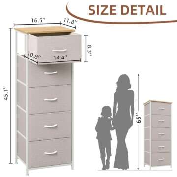 Somdot Tall Dresser for Bedroom with 5 Drawers, Storage Chest of Drawers with Removable Fabric Bins for Closet Bedside Nursery Laundry Living Room Entryway Hallway, Ash Grey