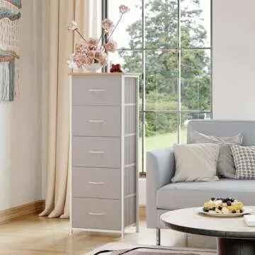 Somdot Tall Dresser for Bedroom with 5 Drawers, Storage Chest of Drawers with Removable Fabric Bins for Closet Bedside Nursery Laundry Living Room Entryway Hallway, Ash Grey