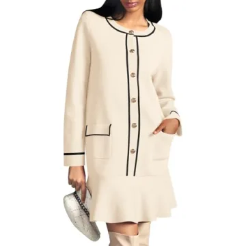 Saodimallsu Womens Ruffle Sweater Dress Button Fall Crew Neck Trendy Color Block Long Sleeve Mini Dresses with Pockets Apricot