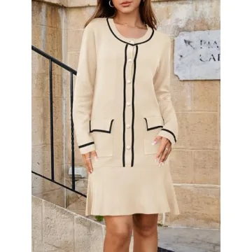 Saodimallsu Womens Ruffle Sweater Dress Button Fall Crew Neck Trendy Color Block Long Sleeve Mini Dresses with Pockets Apricot