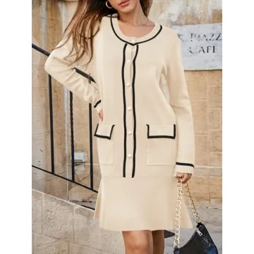 Saodimallsu Womens Ruffle Sweater Dress Button Fall Crew Neck Trendy Color Block Long Sleeve Mini Dresses with Pockets Apricot
