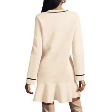 Saodimallsu Womens Ruffle Sweater Dress Button Fall Crew Neck Trendy Color Block Long Sleeve Mini Dresses with Pockets Apricot