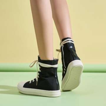 Kluolandi Women's High Top Sneakers Lace Up Canvas Shoes with Zipper Comfort Platform Walking Shoes in Black and White Canvas Size 9.5