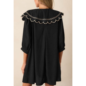 SCOFEEL Women's Corduroy Long Sleeve Mini Dress Round Neck Front Tie and Button Babydoll Mini Dress Black