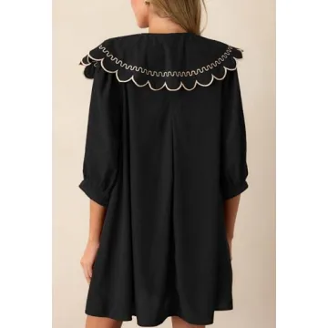 SCOFEEL Women's Corduroy Long Sleeve Mini Dress Round Neck Front Tie and Button Babydoll Mini Dress Black