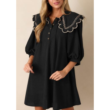 SCOFEEL Women's Corduroy Long Sleeve Mini Dress Round Neck Front Tie and Button Babydoll Mini Dress Black