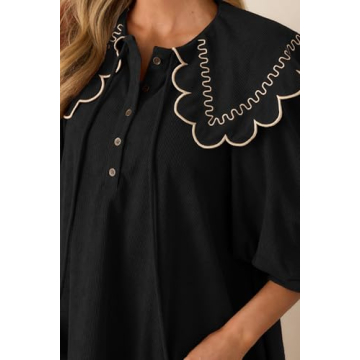 SCOFEEL Women's Corduroy Long Sleeve Mini Dress Round Neck Front Tie and Button Babydoll Mini Dress Black