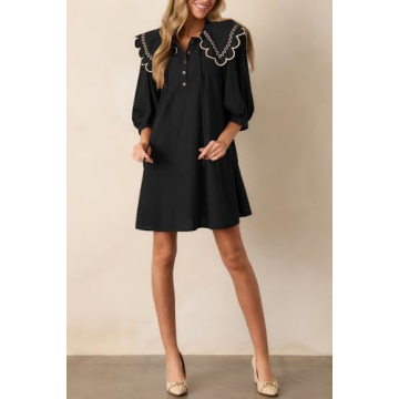 SCOFEEL Women's Corduroy Long Sleeve Mini Dress Round Neck Front Tie and Button Babydoll Mini Dress Black