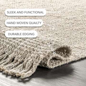 nuLOOM 8x10 Daniela Jute Tassel Hand Woven Area Rug, Off White, Solid Chunky Farmhouse Design, Natural Fiber, For Bedroom, Dining Room, Living Room, Hallway, Office, Entryway