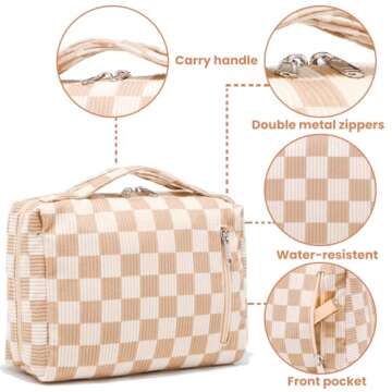 Bluboon Makeup Bag Zipper Pouch Travel Portable Cosmetic Bag Organizer for Women and Girls(Corduroy Checkered Brown)