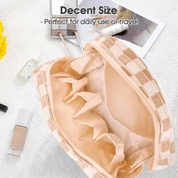 Bluboon Makeup Bag Zipper Pouch Travel Portable Cosmetic Bag Organizer for Women and Girls(Corduroy Checkered Brown)