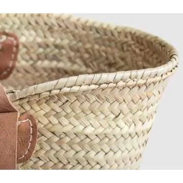 Handwoven Natural Fiber Basket with Leather Handles