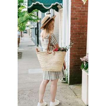 FRENCH BASKET with double flat leather handles, straw bag, beach bag, basket bag, straw basket, shopping basket, wicker basket with handle, wicker basket (Large)