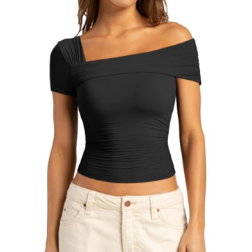 SUUKSESS Women One Off The Shoulder Summer Going Out Tank Top, Ruched Double Lined Casual Short Slee...